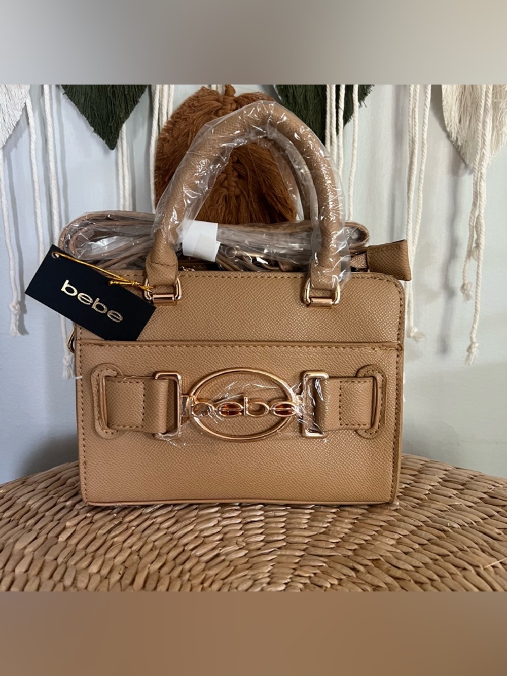 bebe Tan mini Structured Top-Handle Satchel